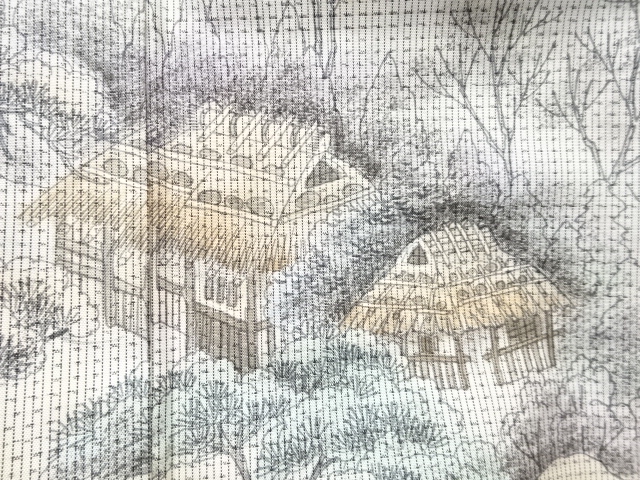 アンティーク　家屋風景模様本場白大島紬着物